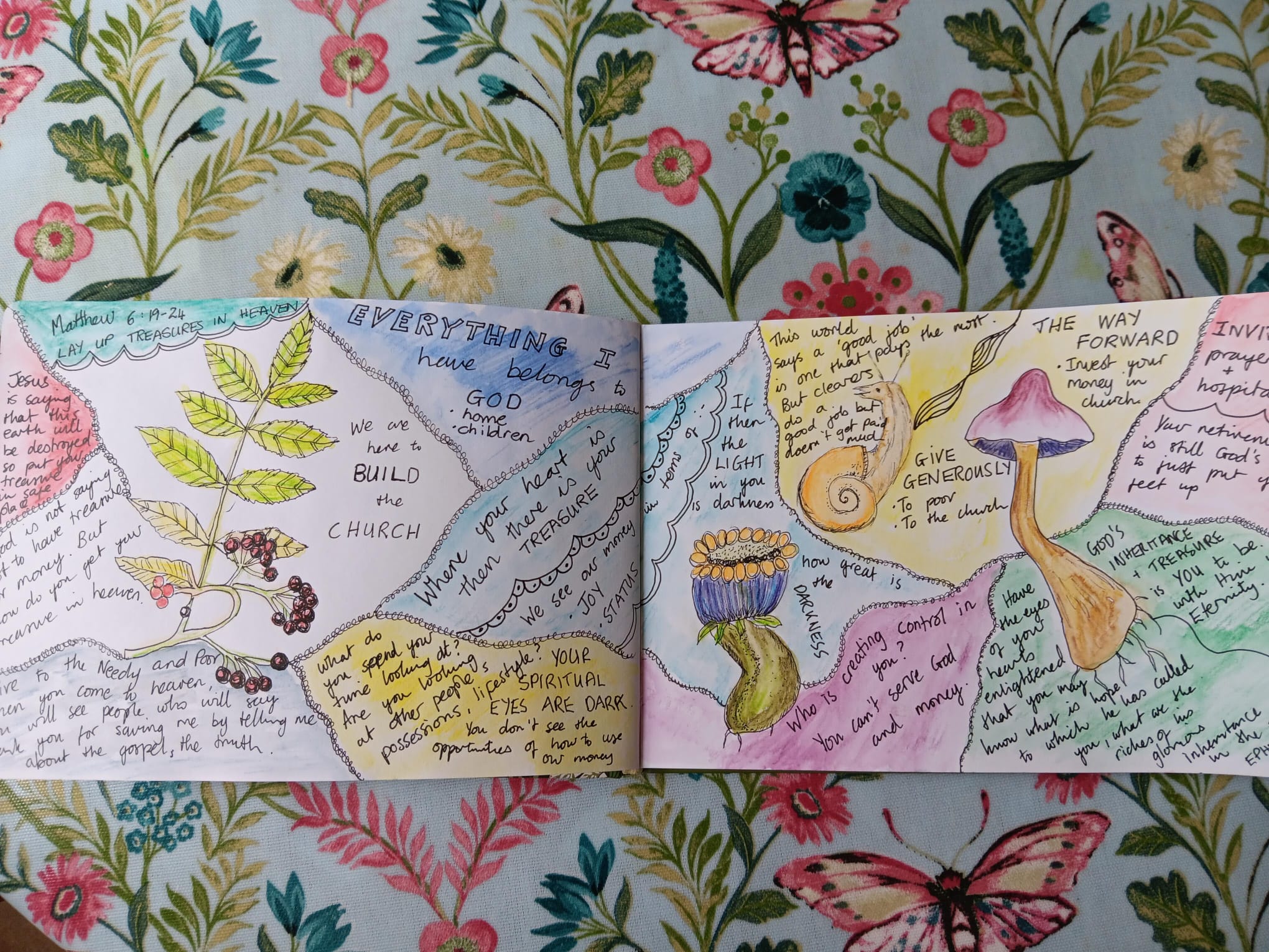  Christian art journaling spread with watercolour botanicals and Scripture notes