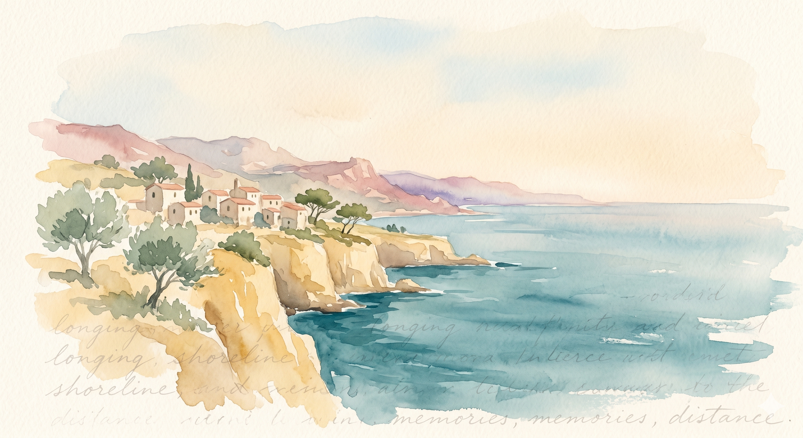 Soft watercolour landscape of a sun-bleached Mediterranean coastline.