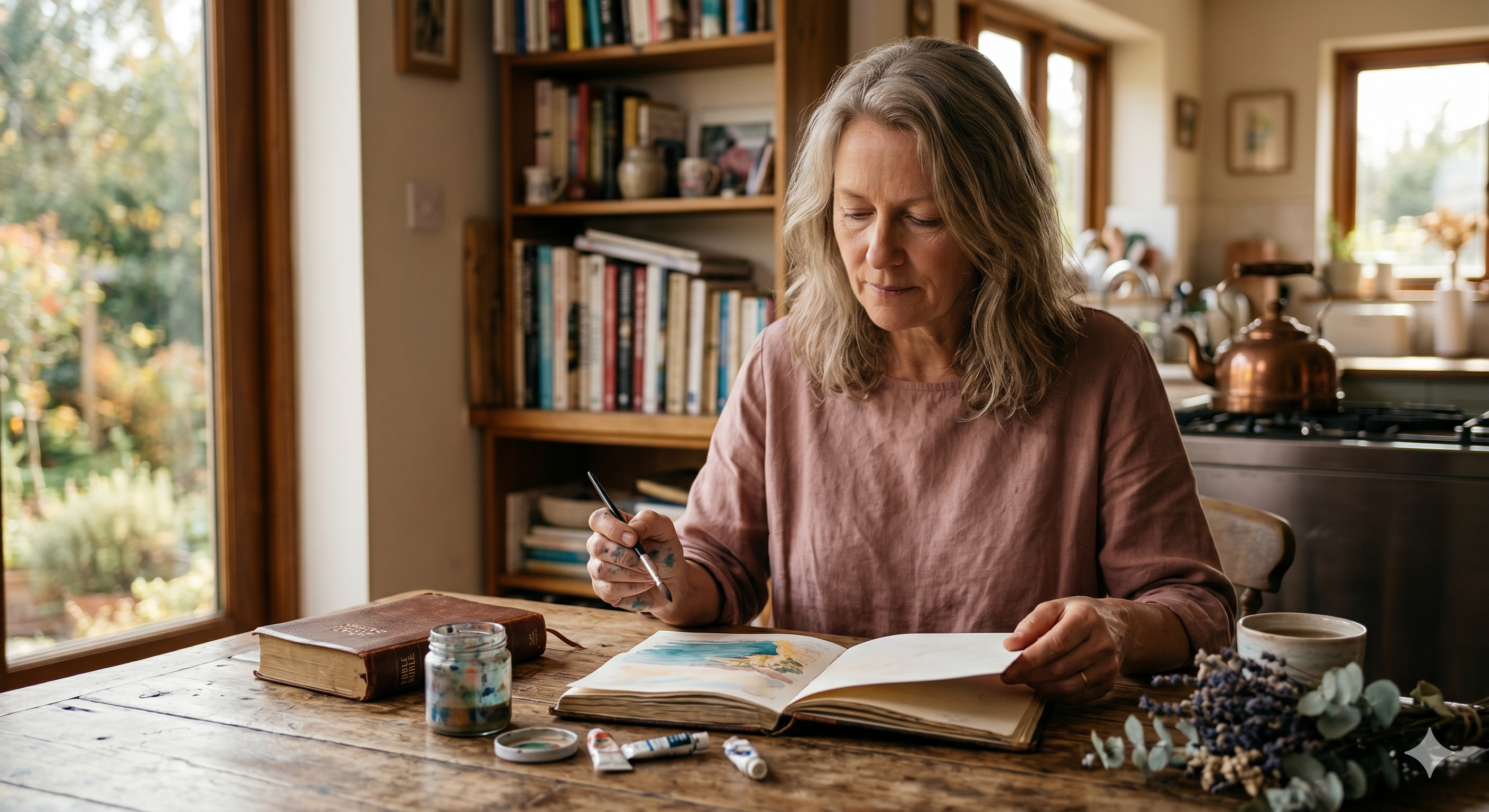 Photorealistic 4K portrait photograph. A woman in her mid-50s sitting alone at a rustic wooden kitchen table by a large window, soft natural light falling across her face. 