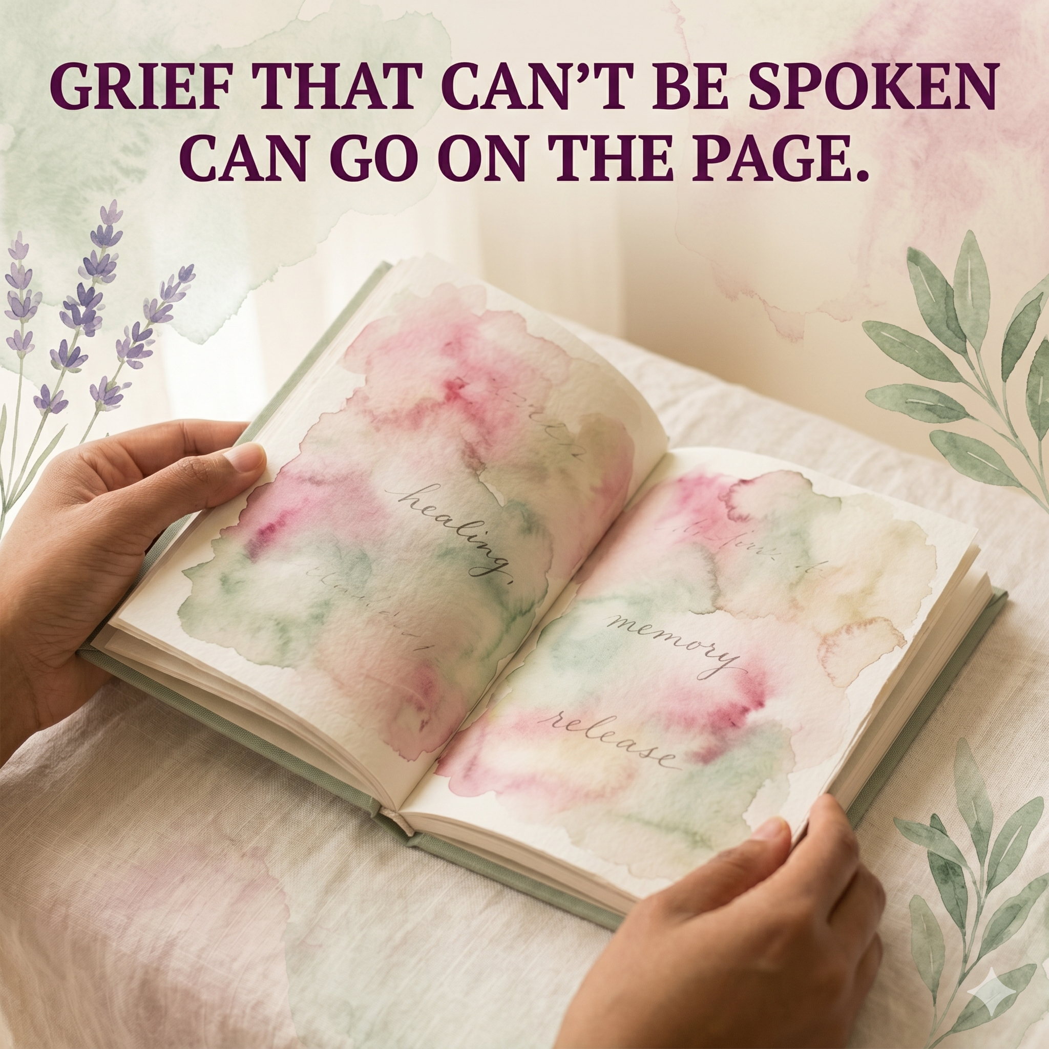 Hands opening grief art journal with watercolour pages — art journaling for grief