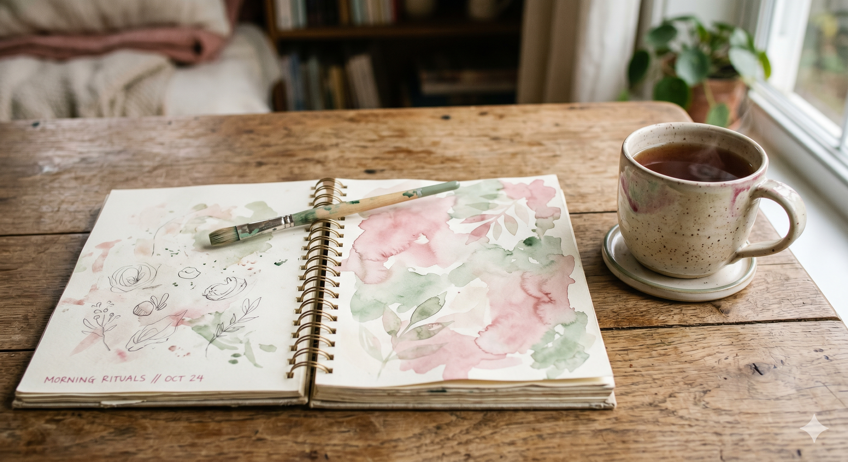 Open spiral-bound art journal on a wooden table