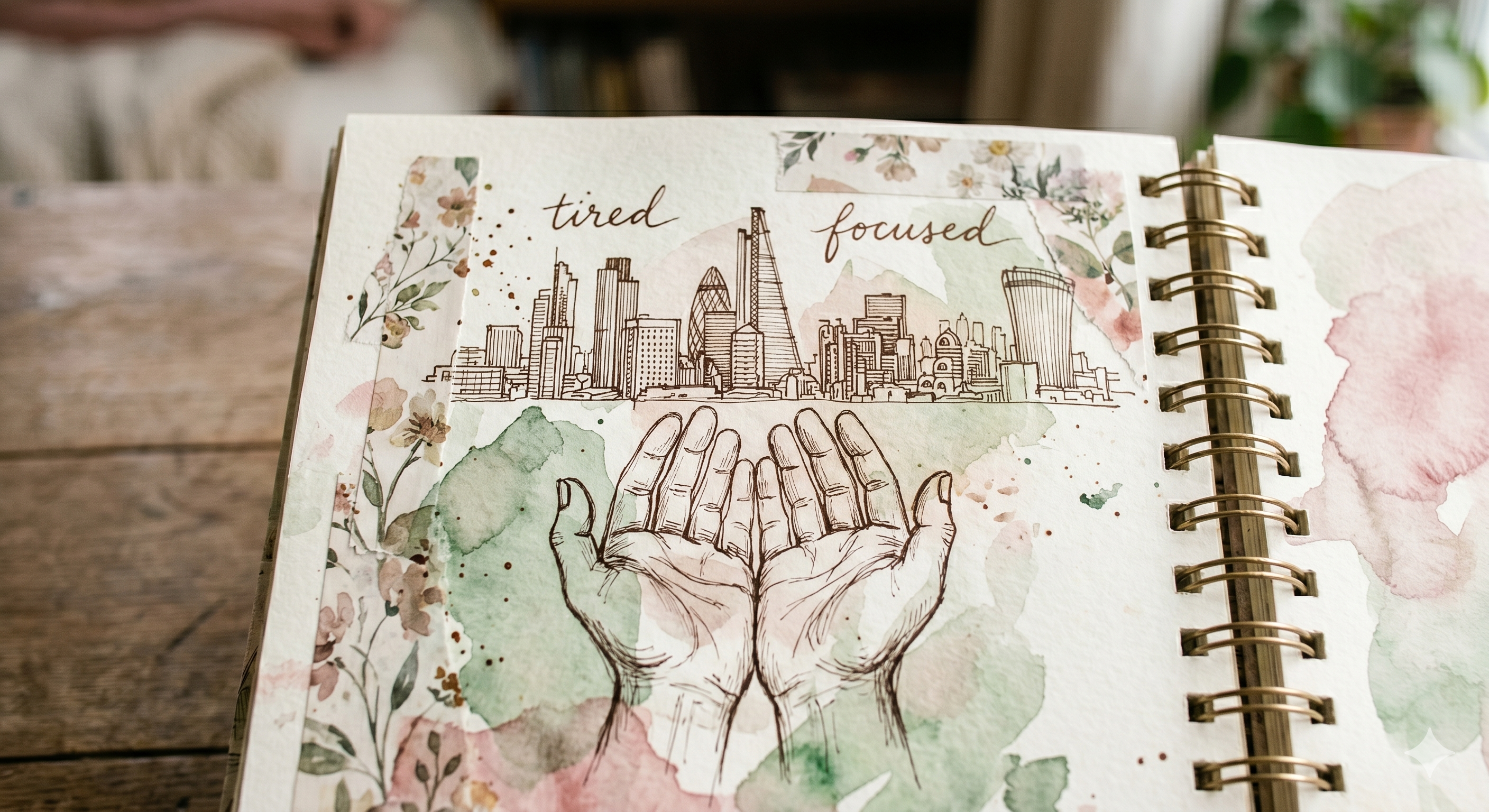 Close-up of the left art journal page showing the city skyline sketch in brown ink
