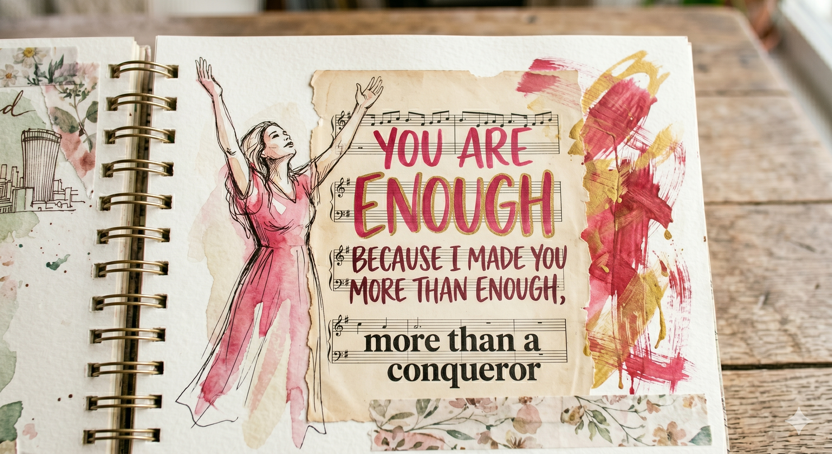 A woman in a pink dress with arms raised in worship, drawn in loose ink and watercolour.