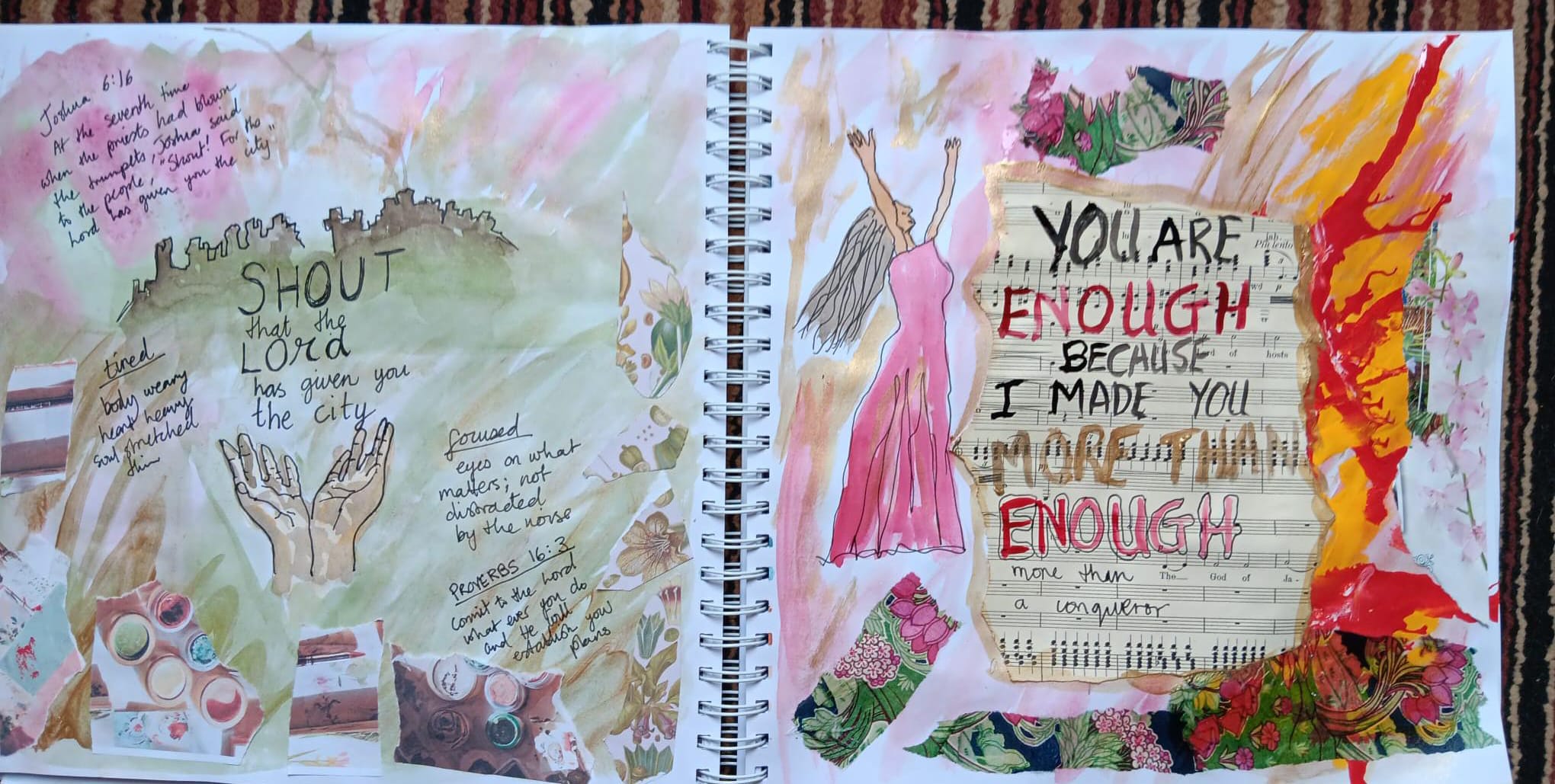 Father God, I'm tired." A watercolour palette with pinks, greens, and gold beside it.