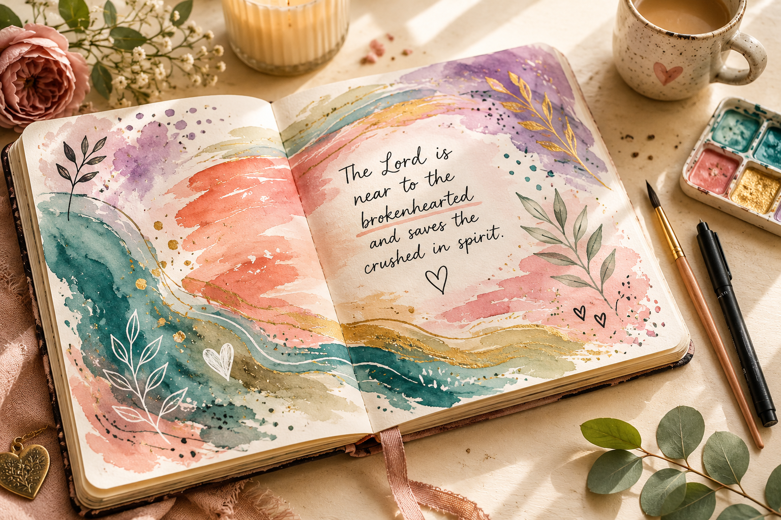 Art journaling for anxiety... a bright watercolour page with handwritten Scripture in black pen
