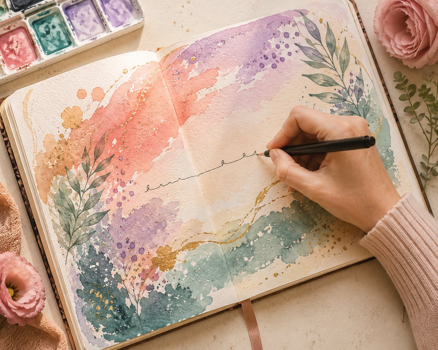 A hand writing a short Bible verse over bright colour in a creative prayer practice