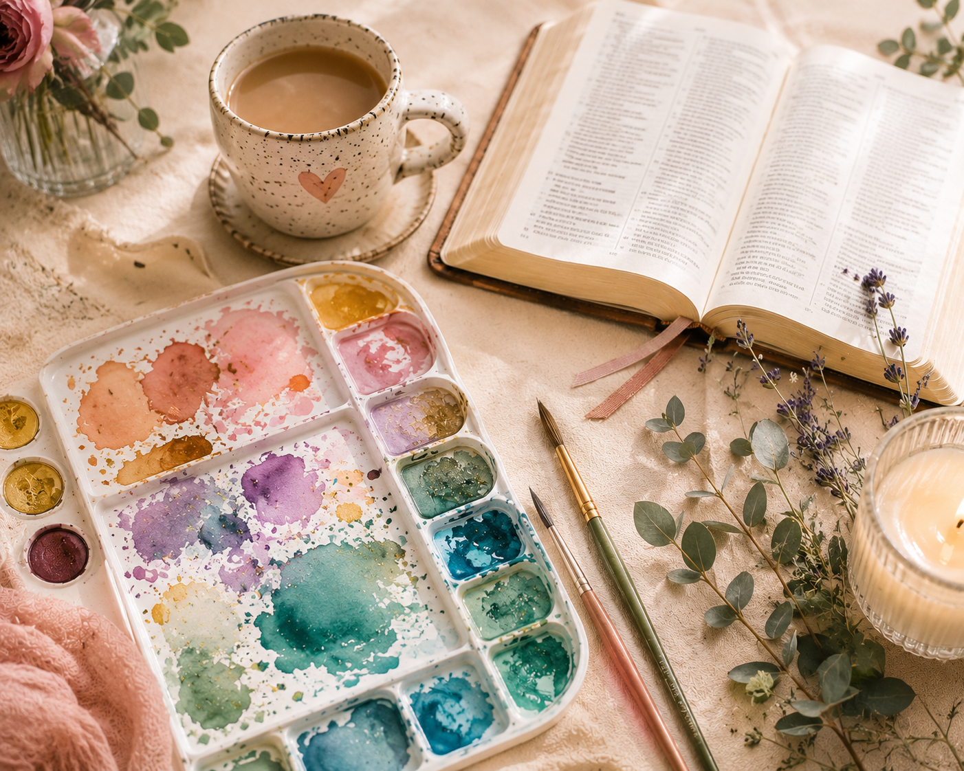 Bright paints, a Bible, and tea... a calming creative space for art journaling for anxiety
