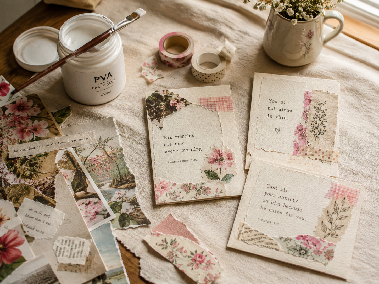 Making grief comfort cards from torn paper scraps and Scripture.