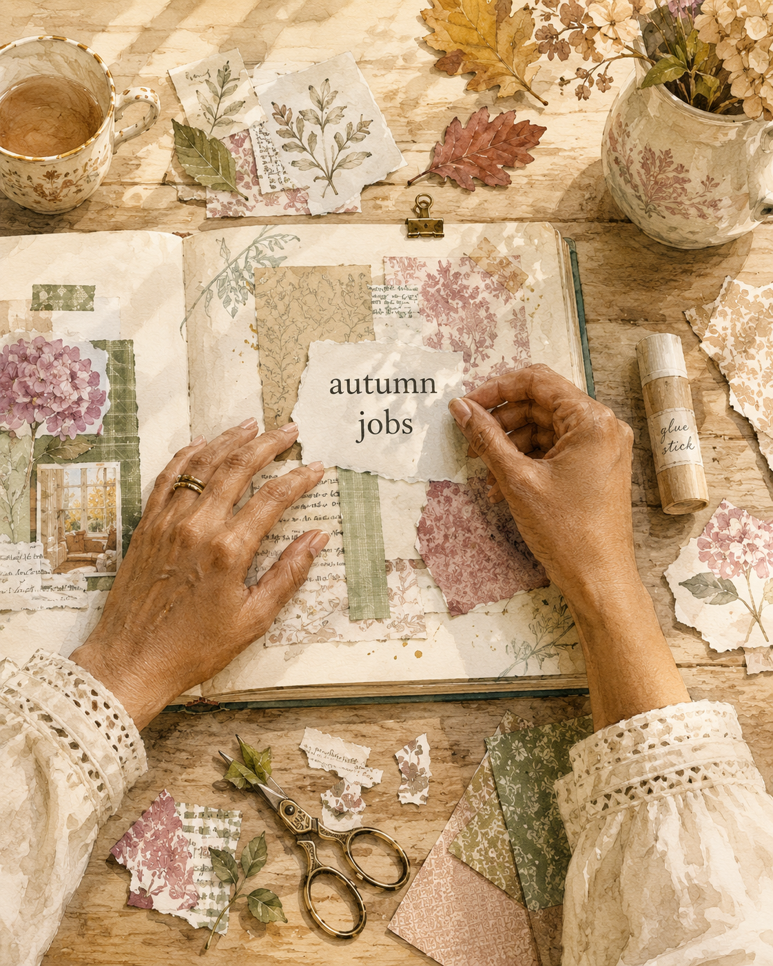 Hands collaging a journal page with a torn magazine cutting reading autumn jobs