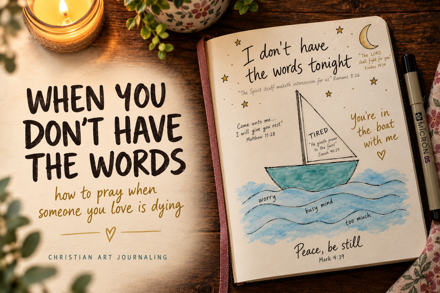 Art journal page with a hand-drawn boat, illustrating how to pray when someone is dying. Art journal page with a hand-drawn boat, illustrating how to pray when someone is dying.