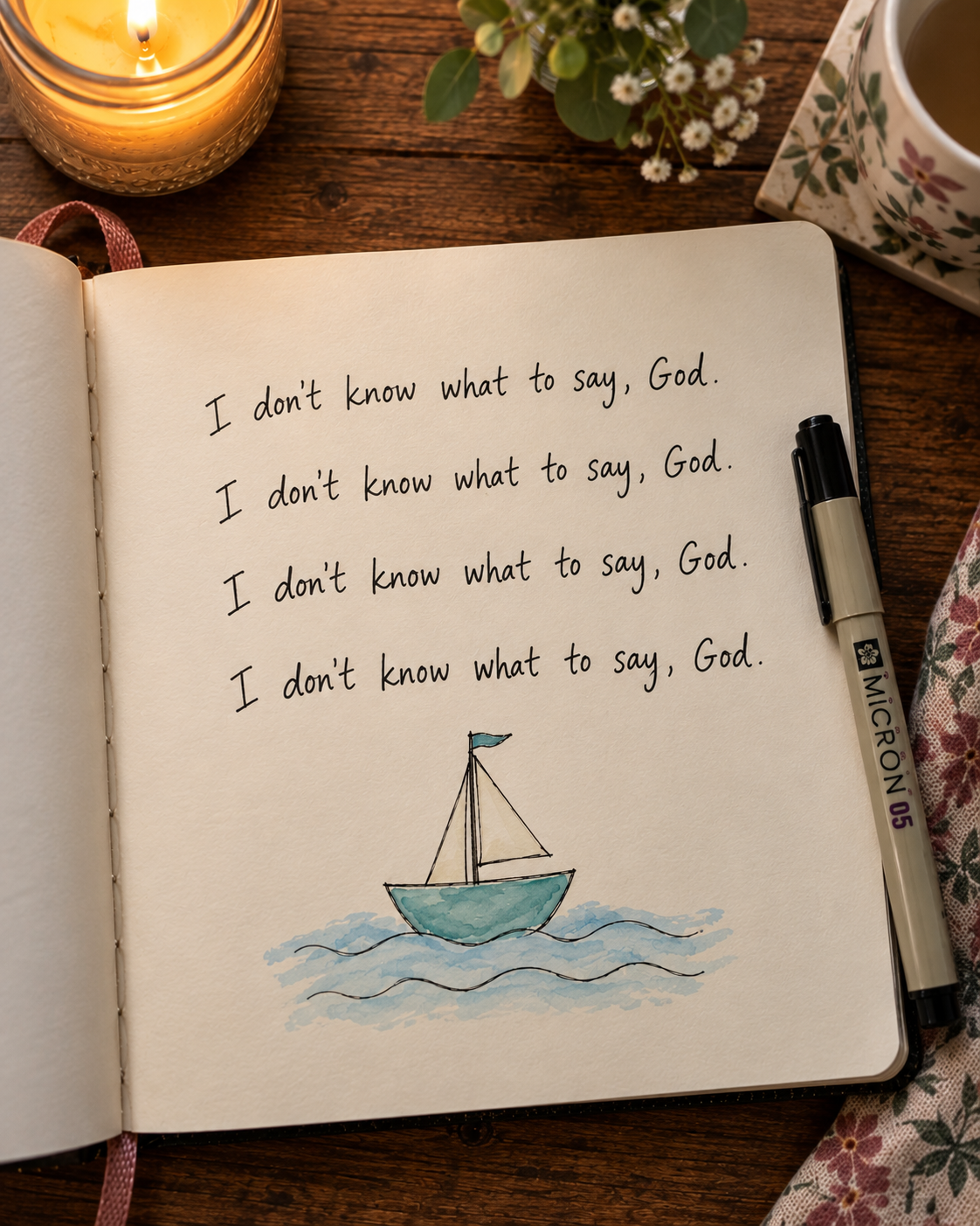 Journal page with the words "I don't know what to say, God" written repeatedly, a simple prayer practice. Journal page with the words "I don't know what to say, God" written repeatedly, a simple prayer practice.