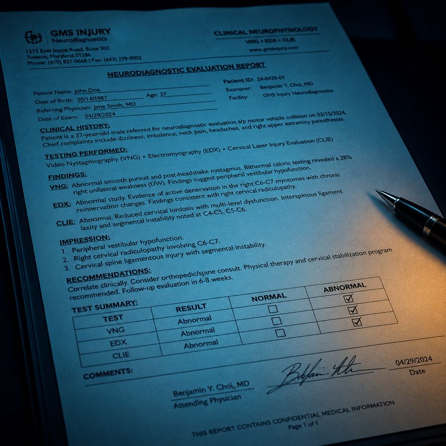 Close-up of a detailed clinical injury evaluation report page