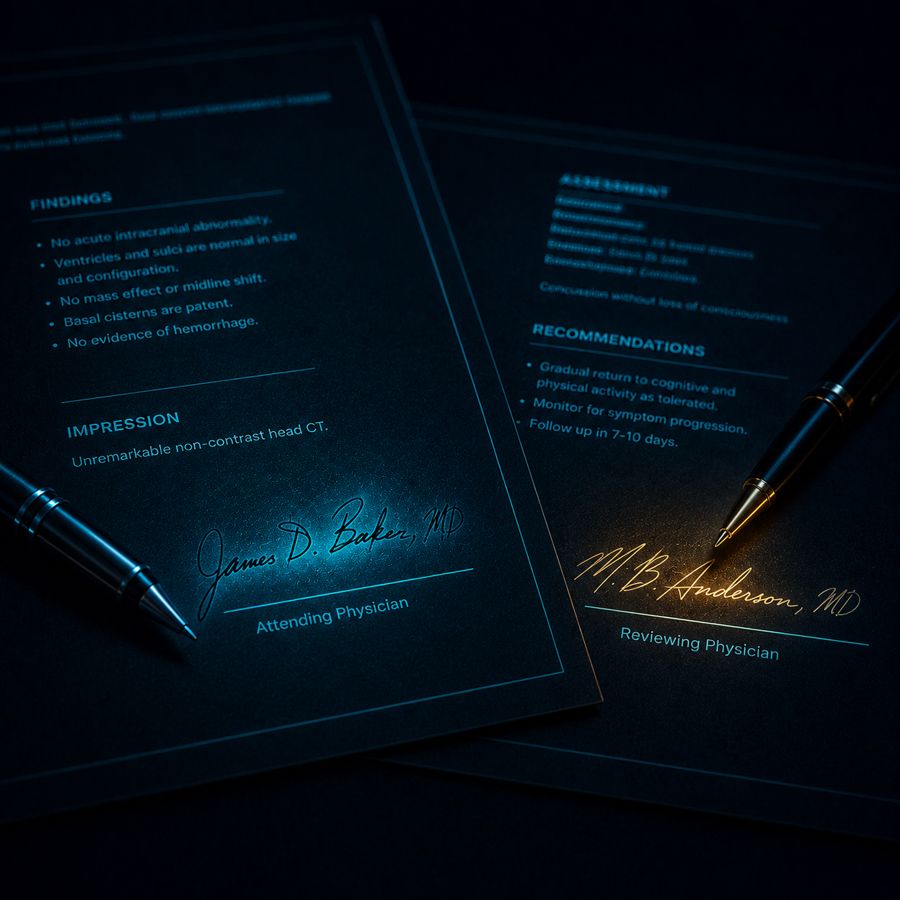Two clinical report pages each signed by a different physician