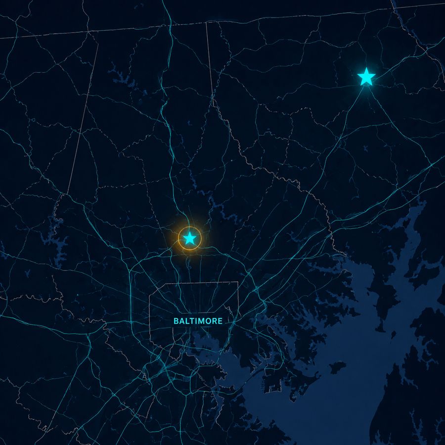 Dark map of the Baltimore region marking the Towson and Bel Air offices