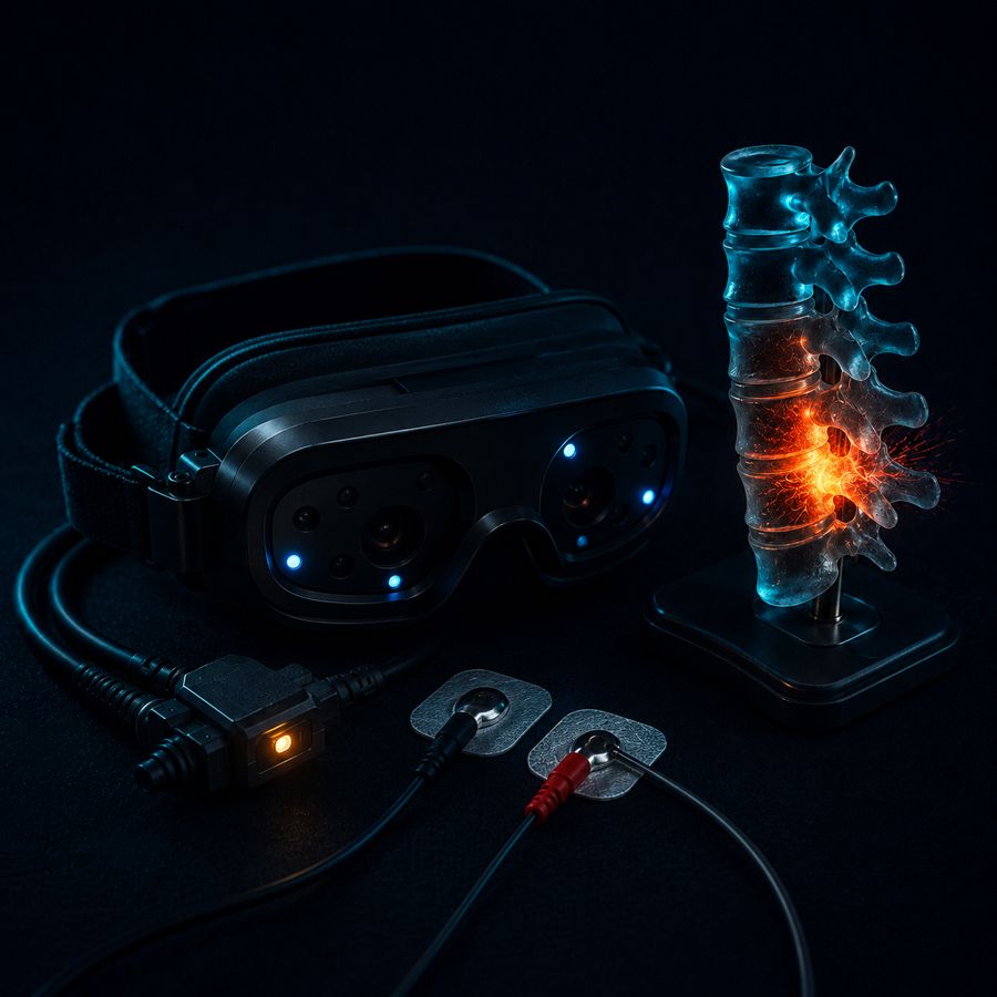 Three neurodiagnostic instruments: goggles, electrode lead, and spine model