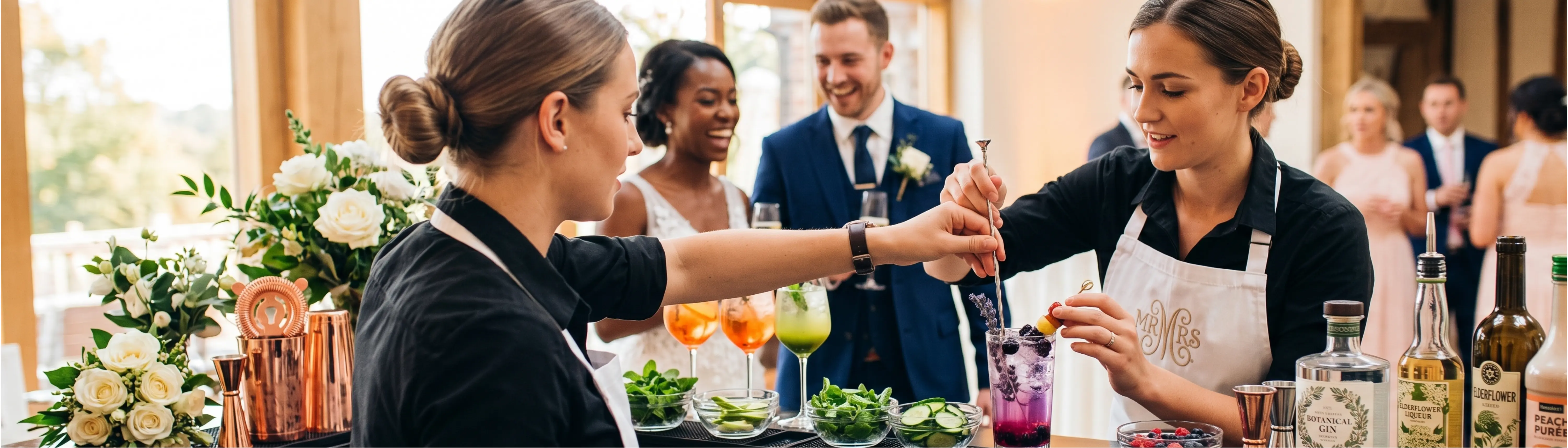 Dino in a tuxedo vest shaking a cocktail at an outdoor Bay Area wedding bar