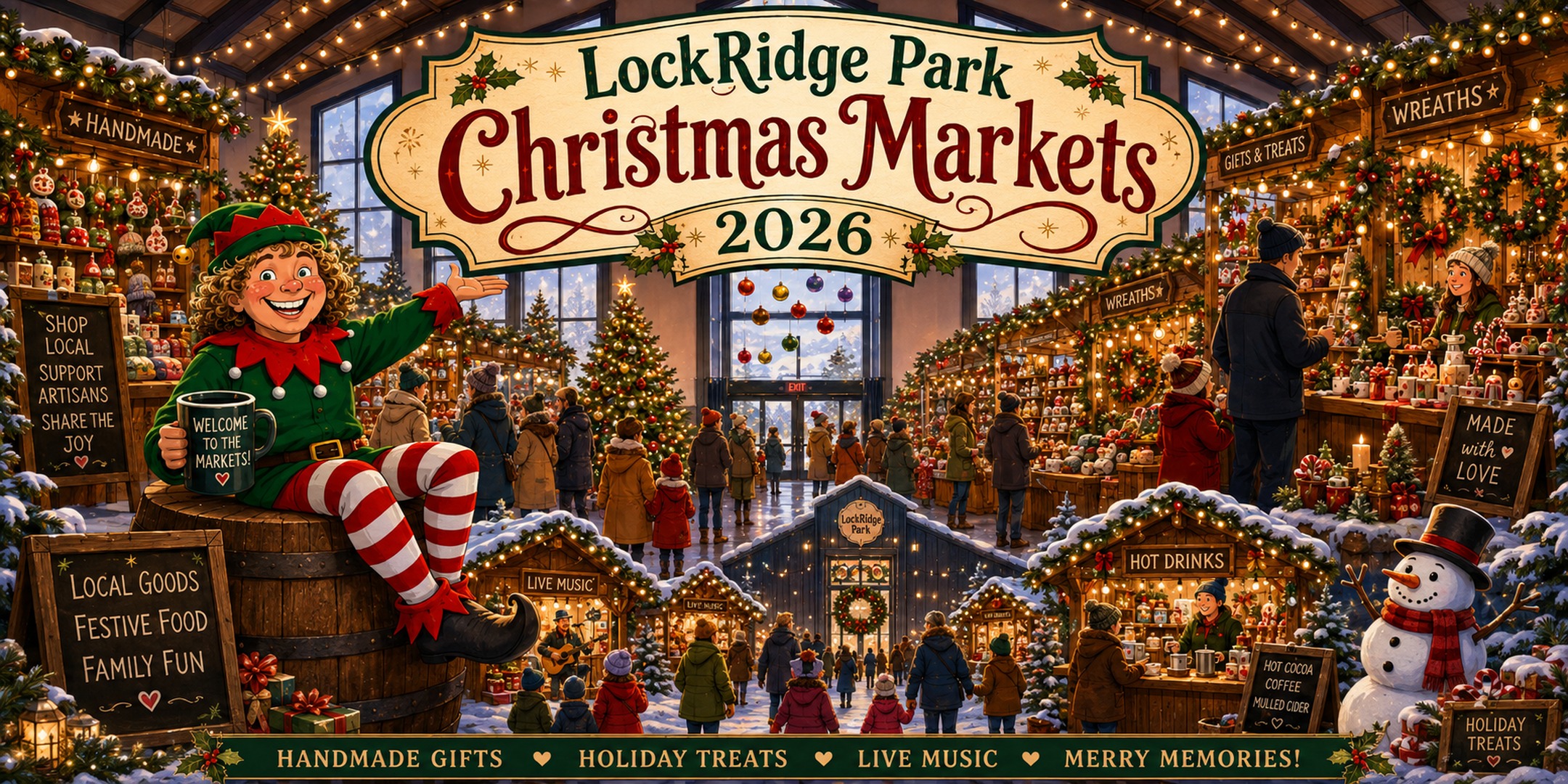 Lockridge Park Christmas Markets 2026 &mdash; an illustrated indoor market hall filled with decorated vendor stalls, shoppers and a welcoming elf