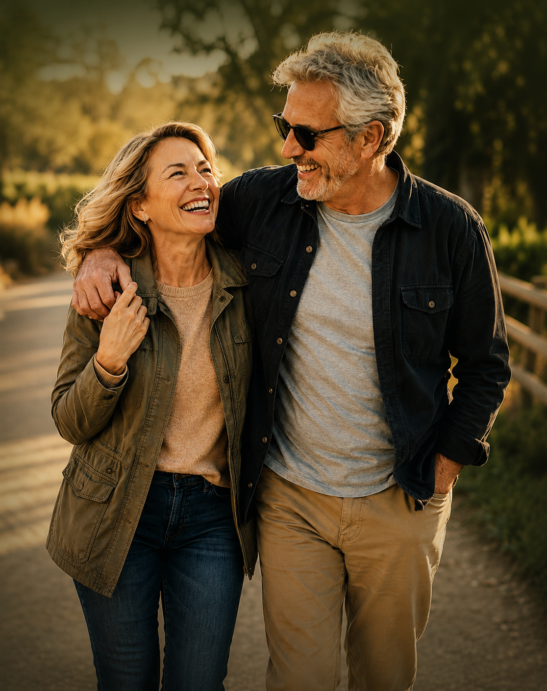 A couple in their 60s walking outdoors together, laughing