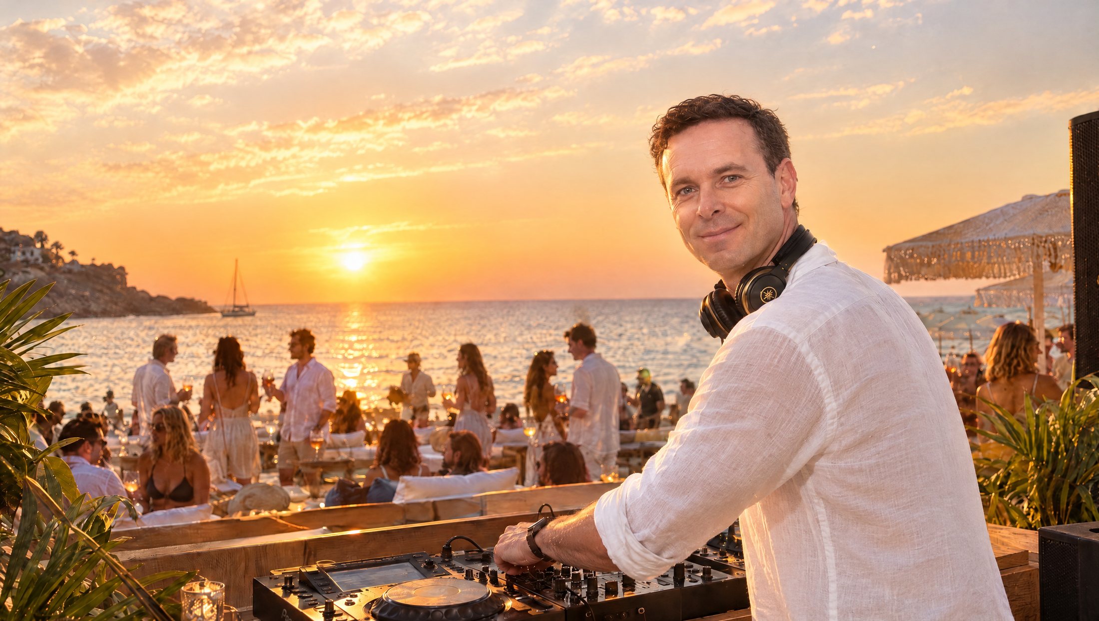 Santi Sol en un beach club al atardecer