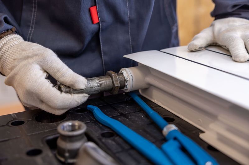 Close-up of a plumber fitting pipe with a wrench. Illustrative stock photo.