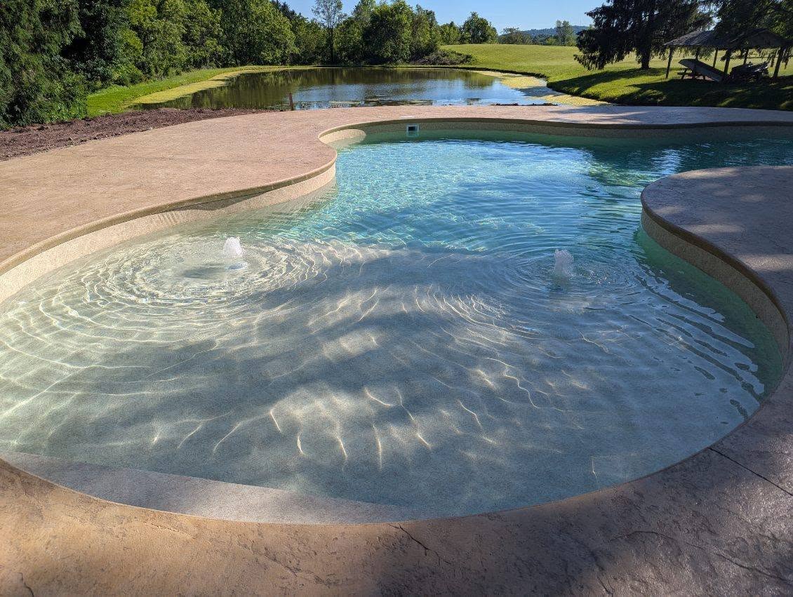 Finished freeform in-ground pool with tan concrete deck built by Harcon Services