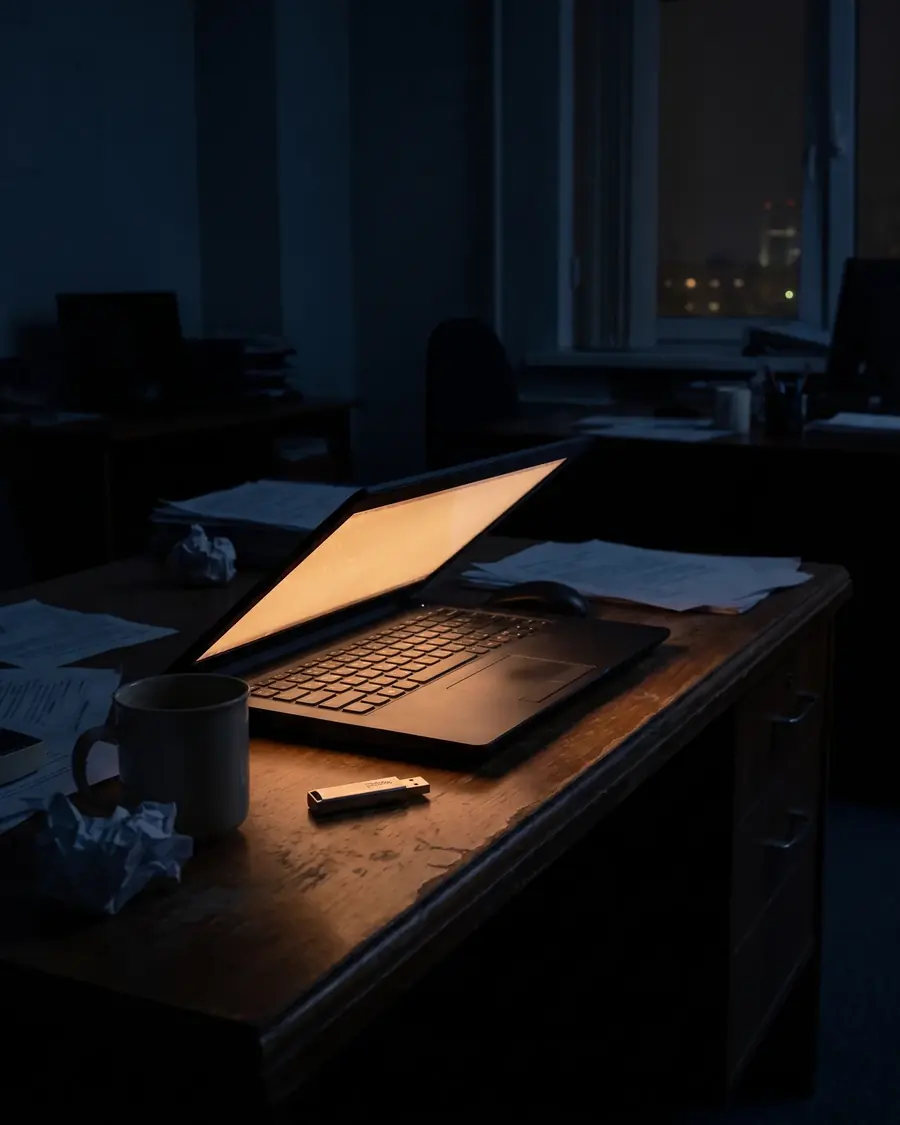 Un notebook entreabierto con un pendrive al lado, oficina de noche