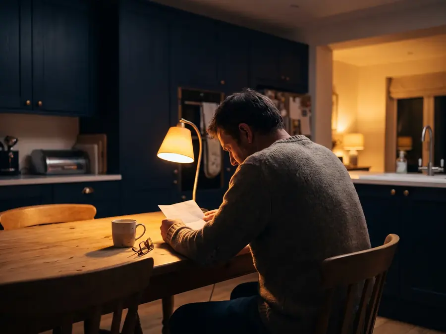 Un hombre de unos 45 años leyendo una carta de noche en la mesa de su cocina