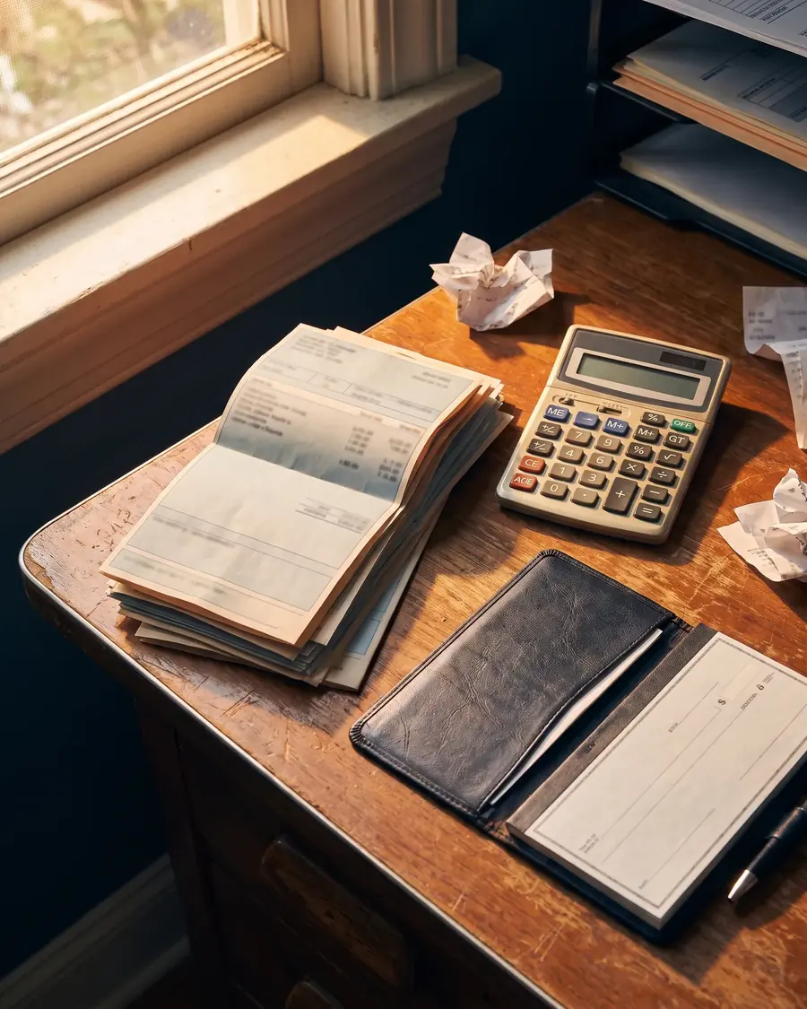 Liquidaciones de sueldo, una calculadora y una chequera sobre el escritorio de una pyme