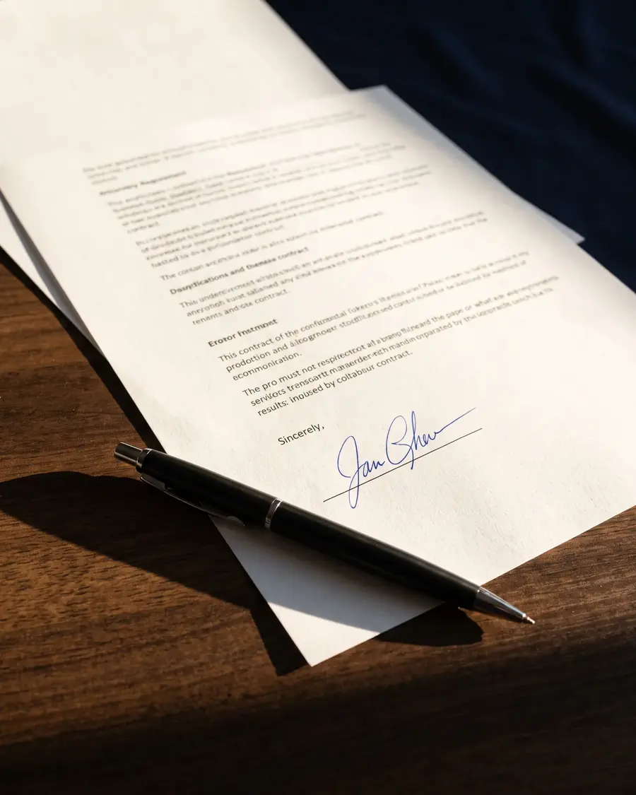 Un contrato firmado sobre una mesa, con una lapicera, luz dura lateral