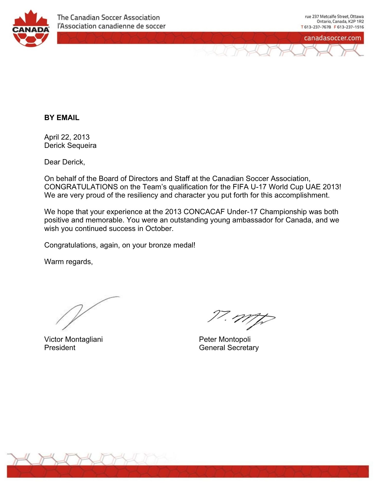 Official Canada letter congratulating World Cup qualification