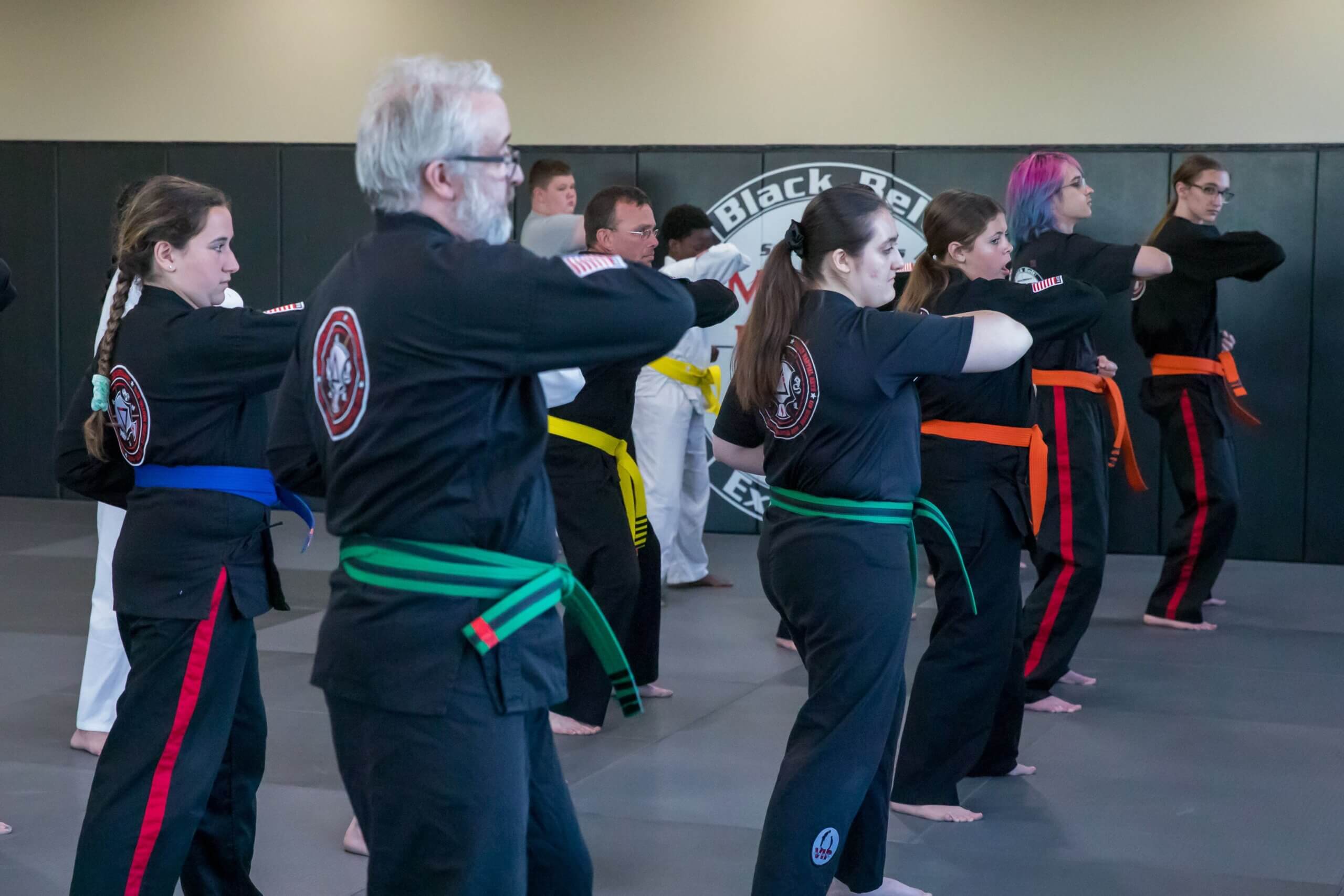 Adult martial arts students training together in the dojo