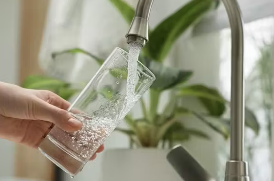 Filling a glass of water at the kitchen faucet