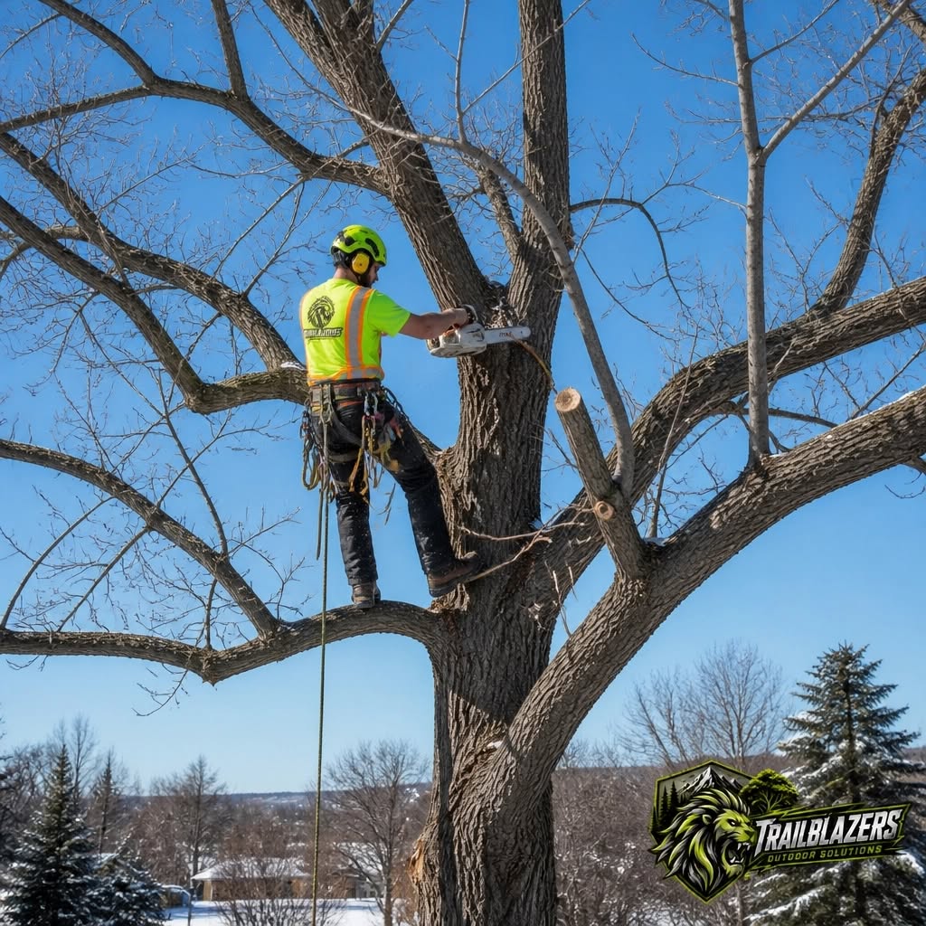 Worker high up in a tree trimming branches