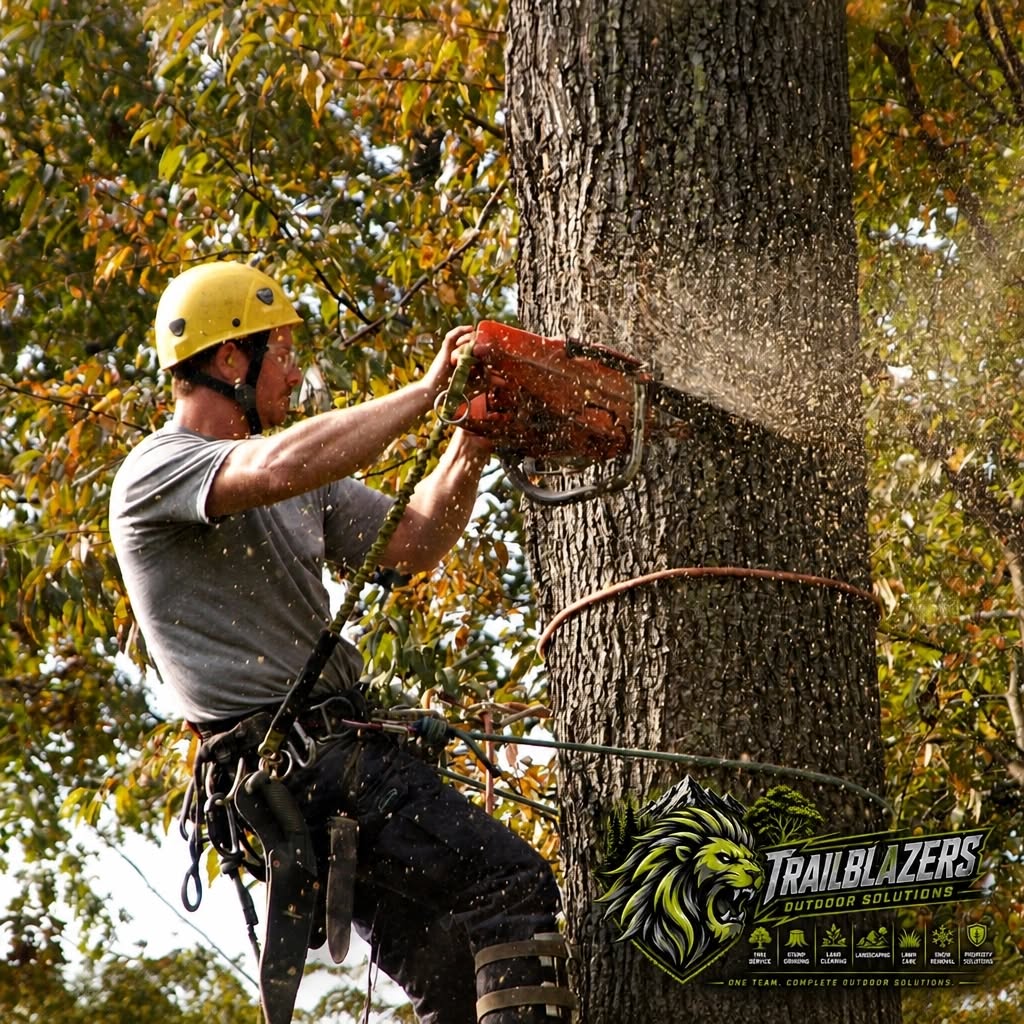 On-site crew member cutting down tree