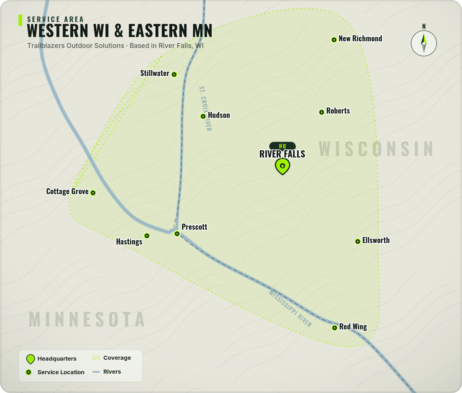 Map of the Trailblazers service area across western Wisconsin and eastern Minnesota