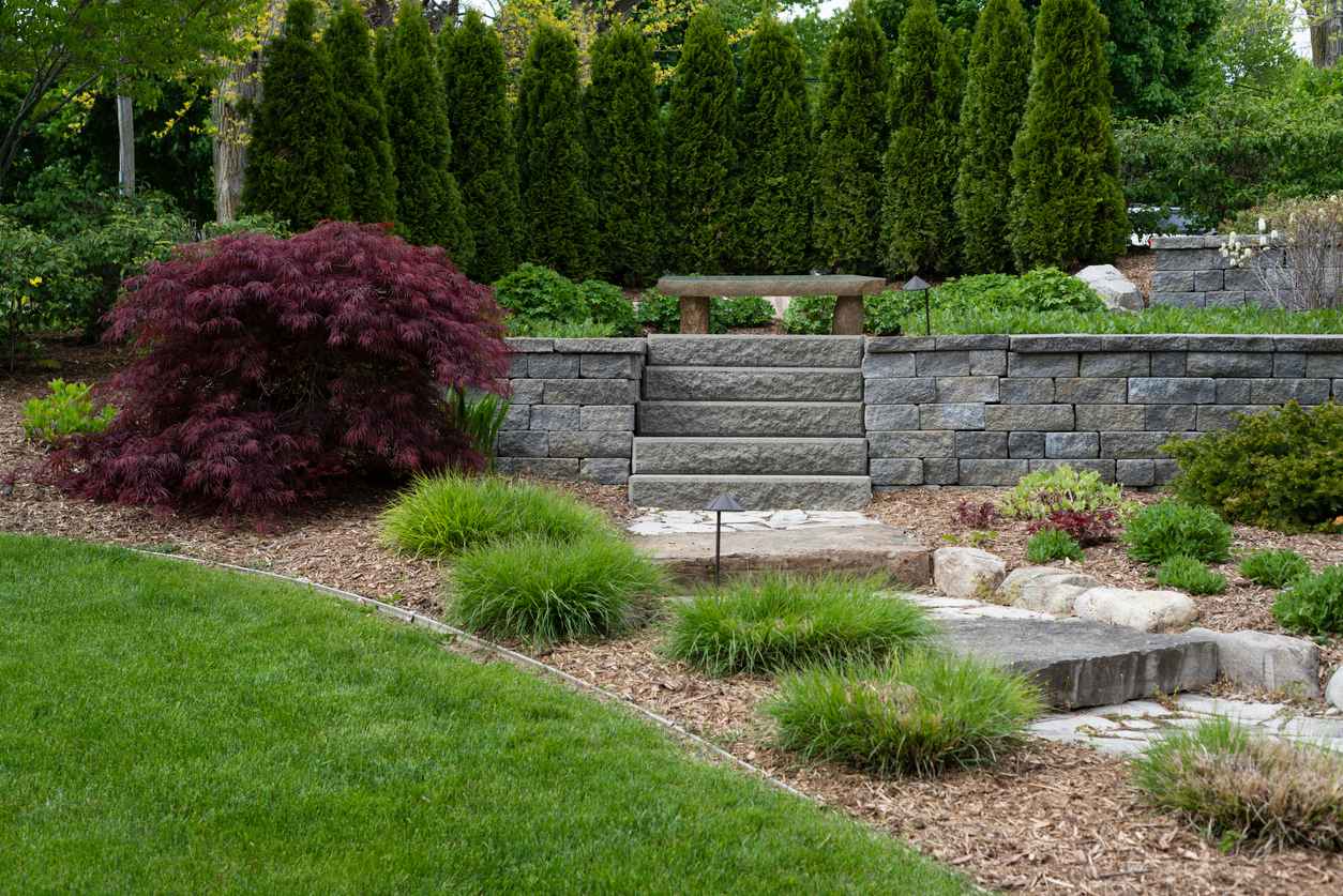 Newly installed shrubs and mulched garden beds on a Wisconsin property