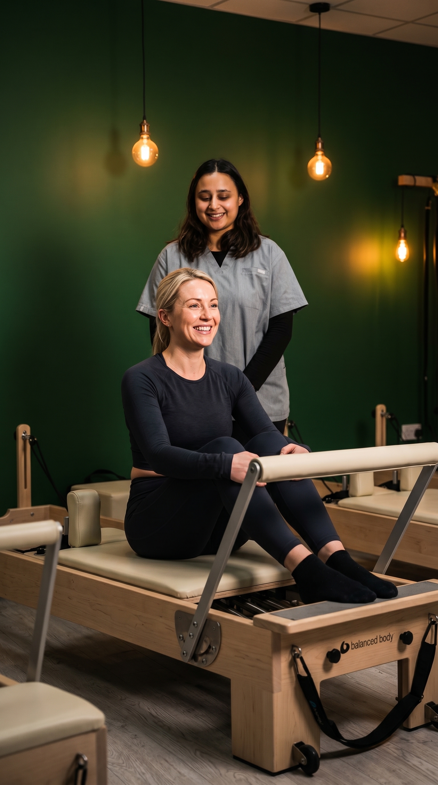 Instructor supporting a Reformer Pilates client at The Hub Glasgow