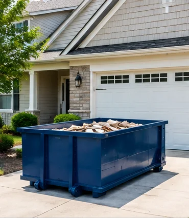 Roll-off dumpster with wood debris on a driveway in front of a garage