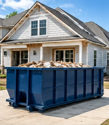 Roll-off dumpster filled with remodel debris in front of a house