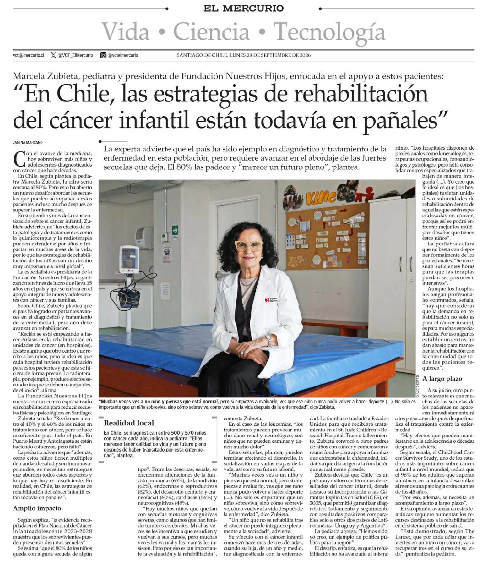 Dra. Marcela Zubieta, presidenta de Fundación Nuestros Hijos, en entrevista con El Mercurio sobre rehabilitación después del cáncer infantil.