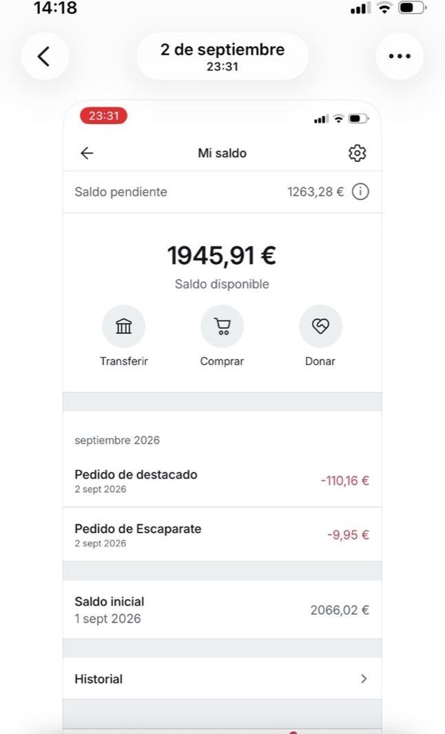 Saldo de Vinted: 1.945,91 € disponibles y 1.263,28 € pendientes