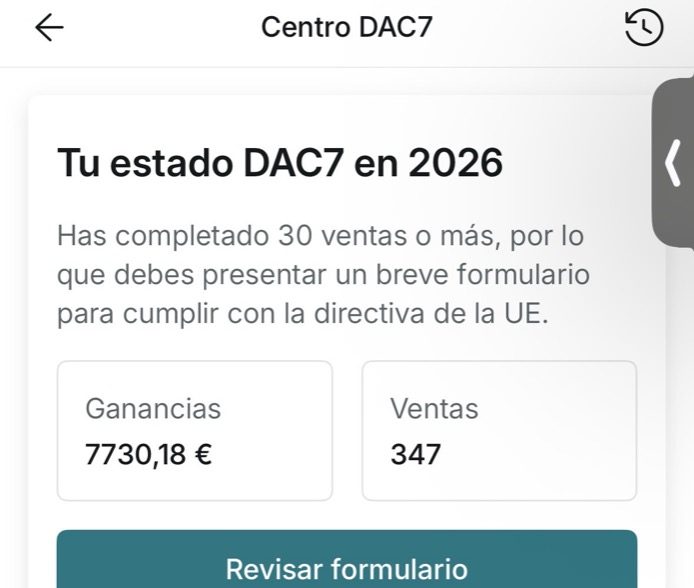 Centro DAC7 de Vinted de Gabi: 7.730,18 € y 347 ventas en 2026