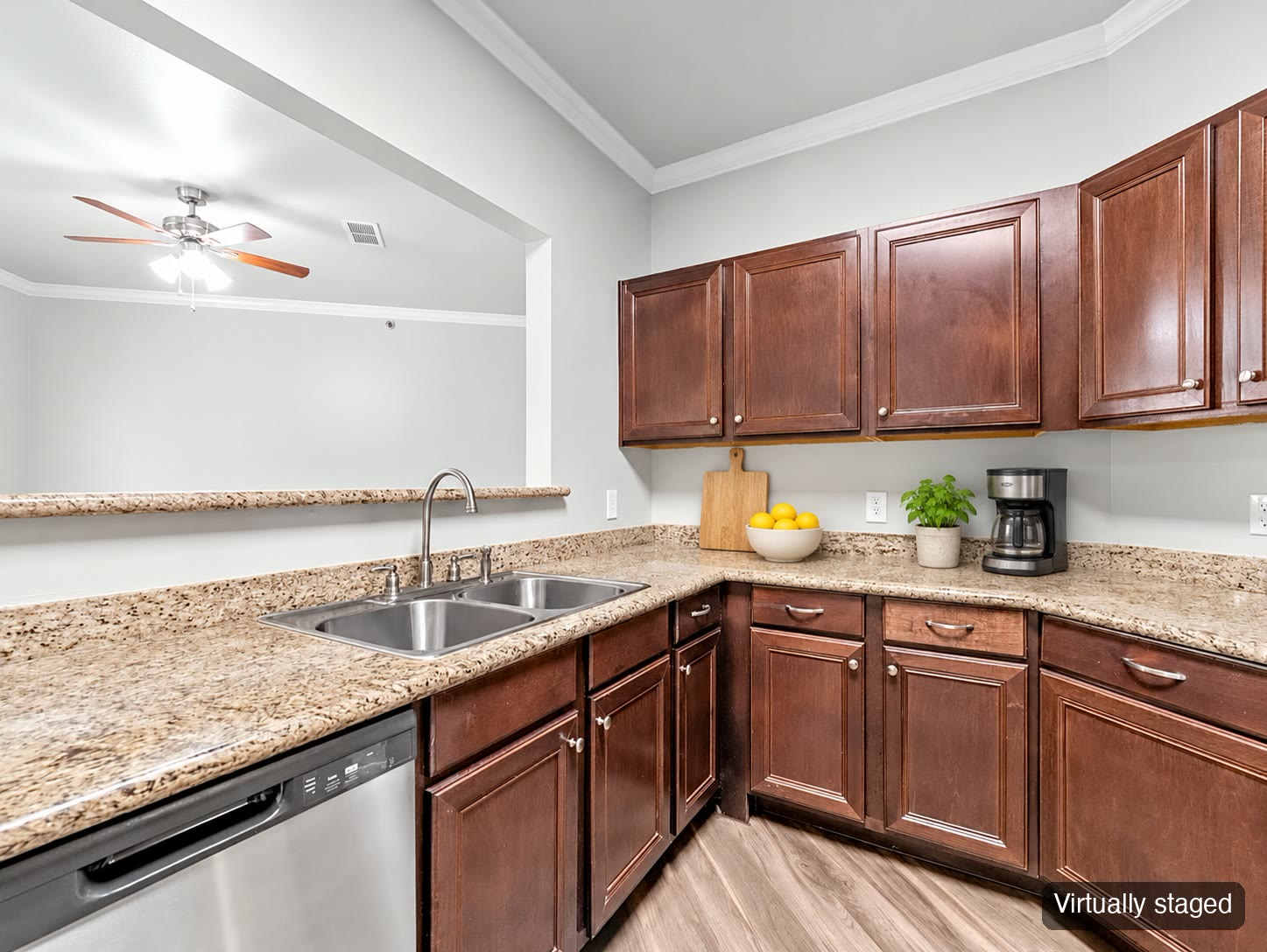 Kitchen with granite countertops (virtually staged)