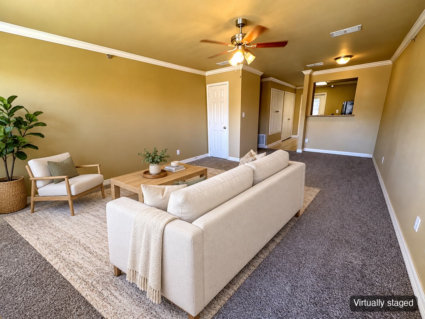 Living room with armchair and coffee table (virtually staged)