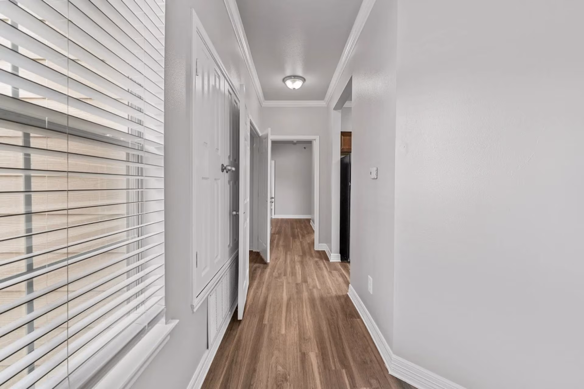 Hallway with wood-look plank flooring, window blinds and panelled doors