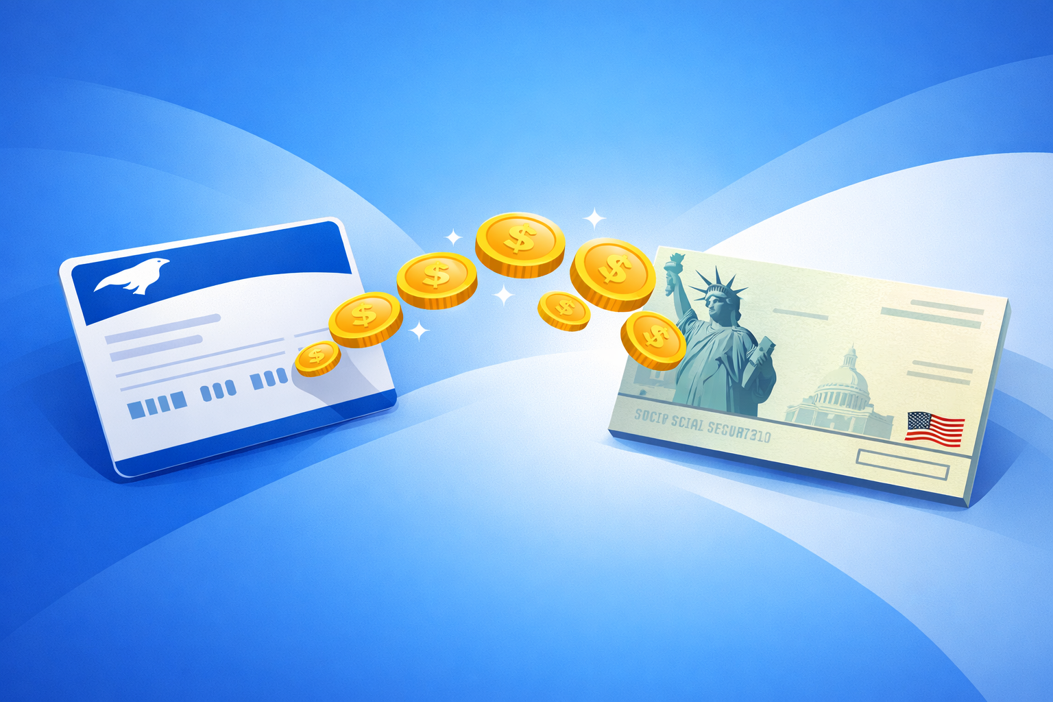 Medicare Part B Giveback illustration showing Medicare card and Social Security check with coins flowing between them