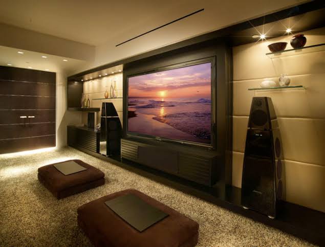 Family media room basement remodeling project in Omaha, NE