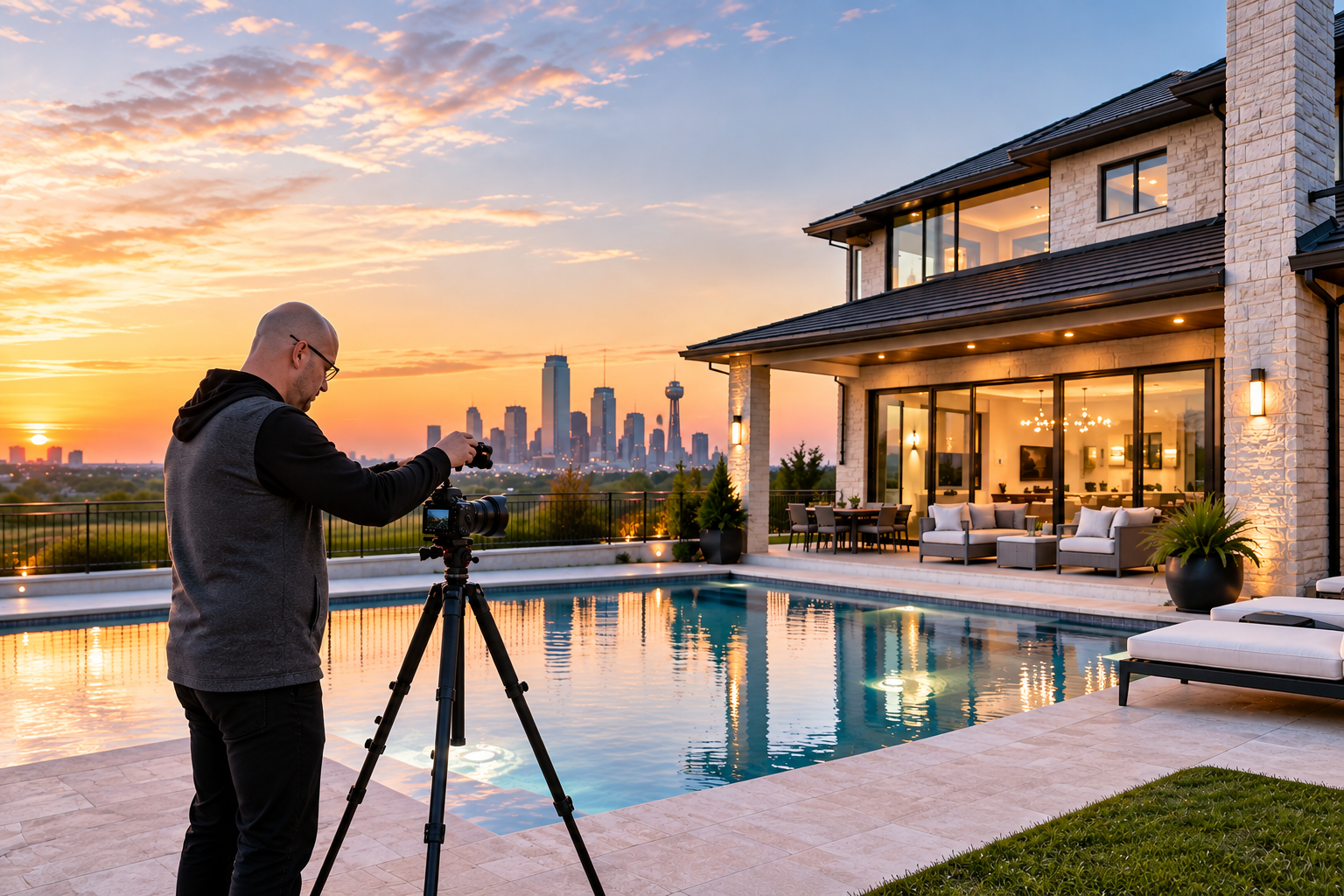 Photographer shooting a poolside luxury home at sunset, Dallas skyline behind