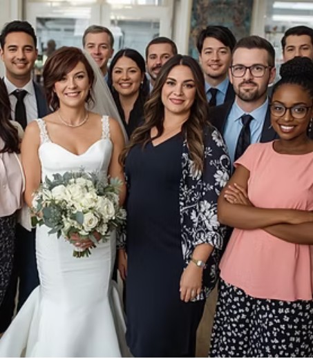 happy bride with team of wedding vendors