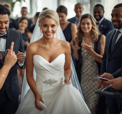happy blonde bride at wedding with vendors